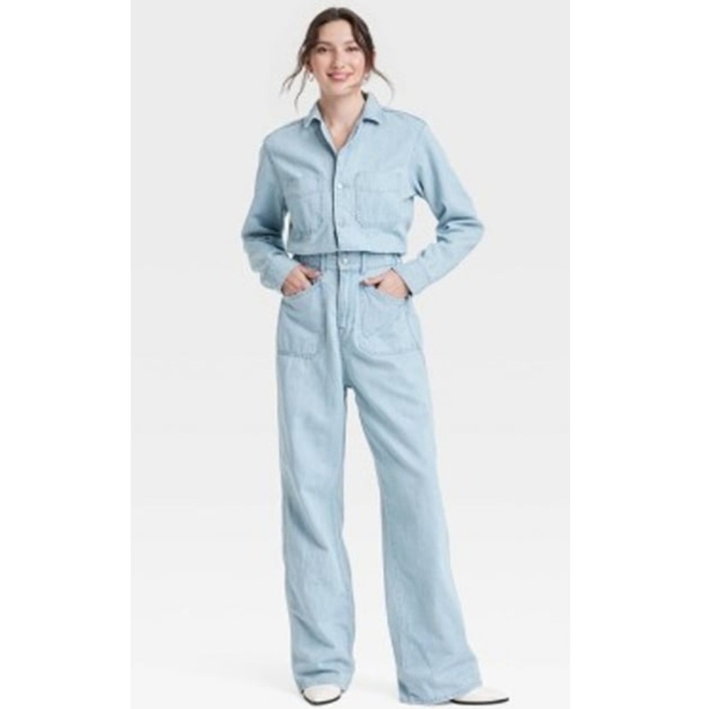 Universal Thread Women Baggy Light Wash Denim Jumpsuit Size 10 Long Sleeve Blue